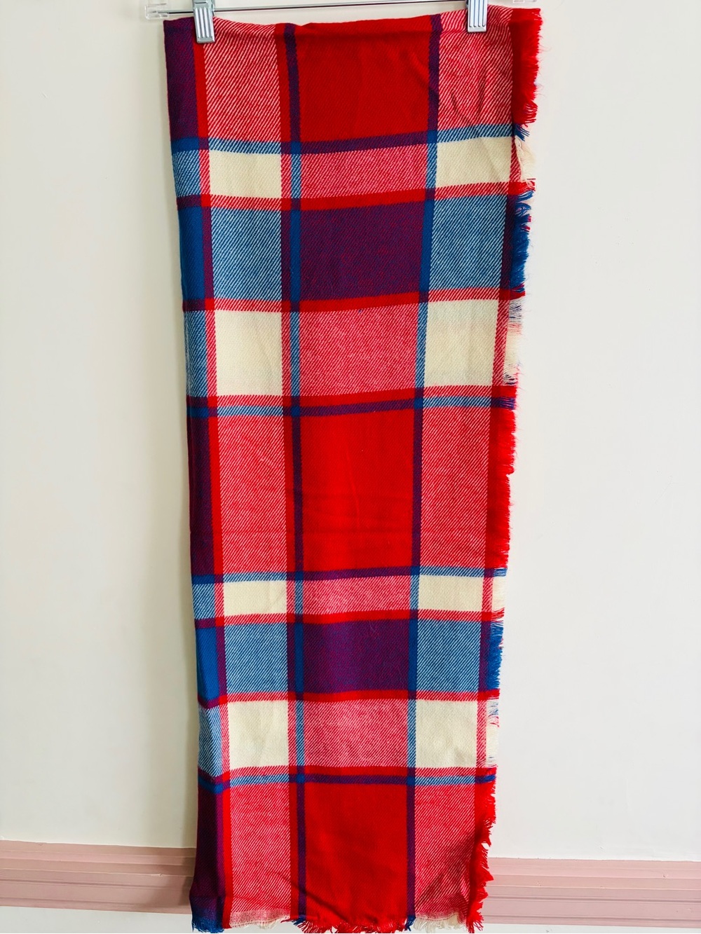 Merona Red, Blue, and Cream Plaid Blanket Scarf with Fringe